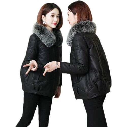 Winter Women Leather Jacket New Fashion Faux Fur Collar Short Jacket Thicke Warm Down Cotton Jackets Female PU Leather Coats 4XL