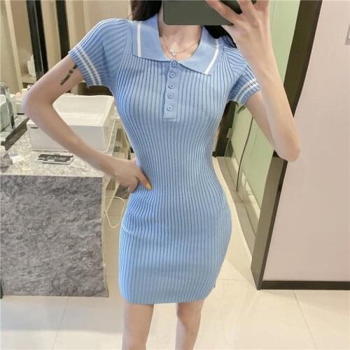 Woman Simple Striped Sheath Dresses Summer Turn Down Collar Knit Mini Korean Dress Black Slim Sexy Short Sleeve Vestidos Female