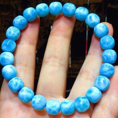 8.4x8.7mm Natural Blue Larimar Gemstone Bracelet Women Stretch Round Beads Bracelet Water Pattern Jewelry AAAAAA