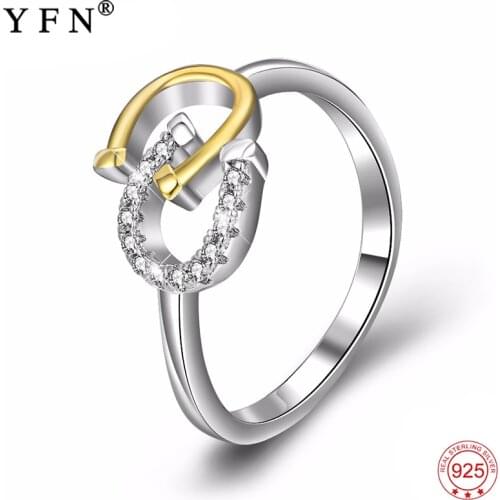 YFN 925 Sterling Silver Rings Resizable Gold Horse Hoof Ring Fashion Crystal Jewelry For Women 925 Silver Rings For Women Gifts