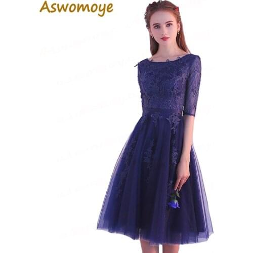 Aswomoye Elegant Women Evening Dress Short 2018 New A-Line Appliques Flower Party Dress Back Lace Up robe de soiree