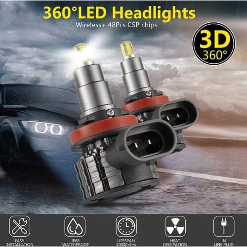 2Pcs 48 Chips 4 Sides H8/9/11 LED Lamp Car Headlight Bulbs 360 Degree 6000K