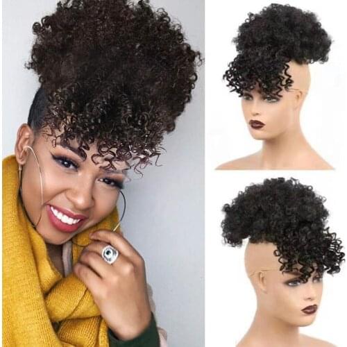 Afro Puff Bun With Bangs Ponytail Hairpieces African American Short Afro Kinky Curly Wrap Synthetic Drawstring Ponytail Hair