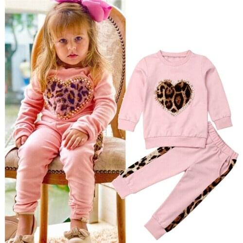 Toddler Kids Baby Girls Clothes Heart Long Sleeve Tops Leopard Pants Pink Outfits Baby Girl Winter Clothes Tracksuit