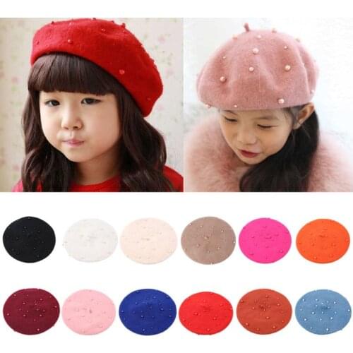 Children Kids Unisex Autumn Cute Painter Beret Cap Faux Pearl Embellishment Candy Solid Color Woolen Flat Hat Retro Artist 2-7T