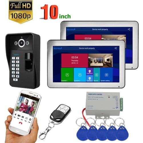 10 inch 2 Monitors Wifi Wireless Fingerprint RFID Video Door Phone Doorbell Intercom System with Wired AHD 1080P Door Access