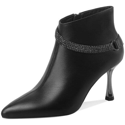 Elegant Rtro Genuine Leather Womens Boots Leather Side Zipper Newest Winter High Heels Shoes Party Dancing Shoes Woman