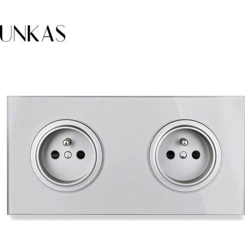 UNKAS Gray Dual French Standard Electric Socket Grey Tempered Crystal Glass Panel 172MM*86MM Wall Power Outlet