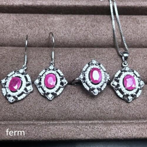 KJJEAXCMY exquisite jewelry 925 pure silver inlaid natural ruby ladies jewelry set rings Pendant Earrings 4 sets