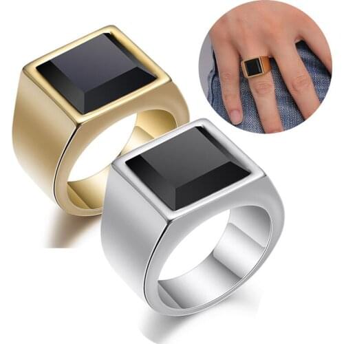 Mens Black Square Crystal Rhinestone Signet Ring New Titanium Stainless Steel Non-fading High Polished Ring for Party Jewelry