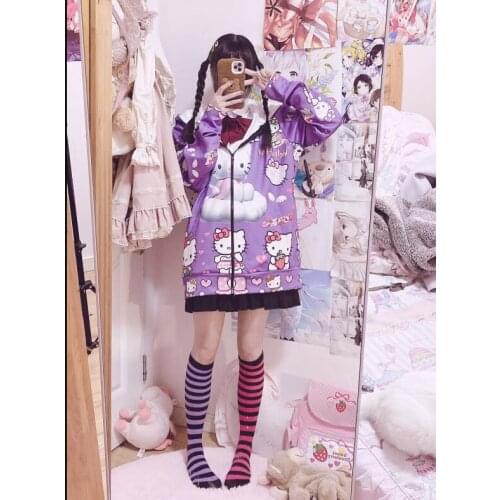 Japanese kawaii soft sister cartoon cat jacket student Harajuku cute second element JK uniform zipper Womens Jackets and Coats