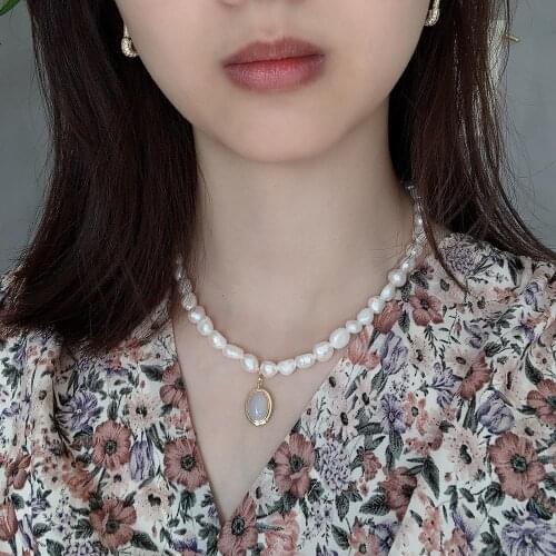 MLKENLY Irregular bead opal pendant necklace choker pearl short neck necklace 925 sterling silver charm Jewelry for women