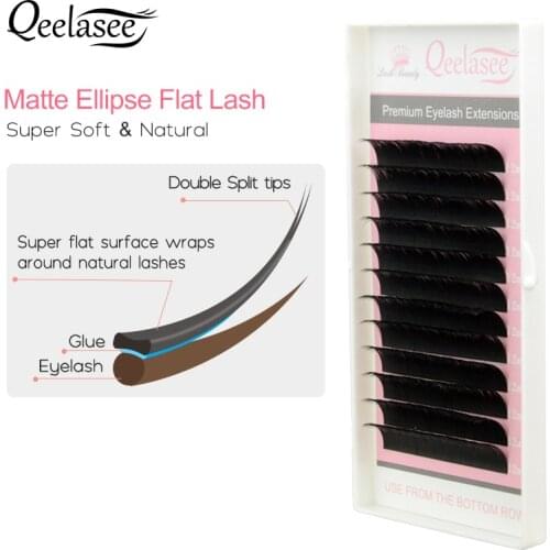Qeelasee New Matte Flat Eyelash Extensions Individual Mink 0.15 0.20 Softer Ellipse Flat Lash Split Tips Soft Volume Looking
