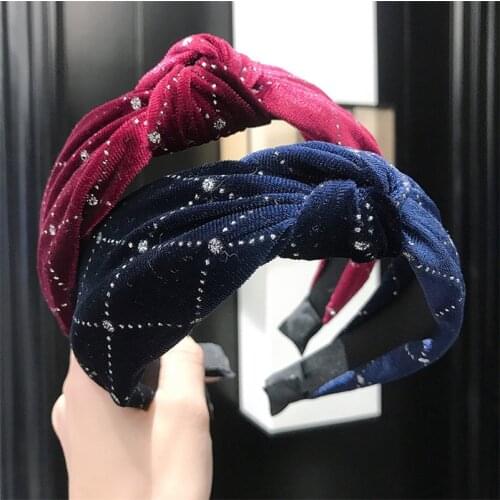 New Vogue Velvet Hairband Headband Turban Wide Side Cross Knot Gold Embroider Diamond Texture Hair Hoop Bezel Hair Accessories