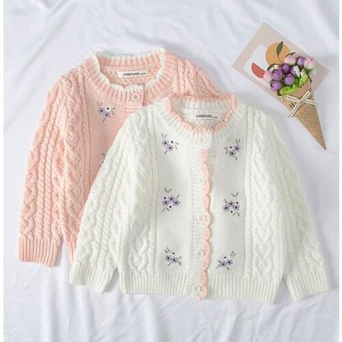 Autumn Winter Baby Girls Knitted Cardigan Coat Kids Long Sleeve Sweater Handmade Flower Embroidery Cardigan Sweater