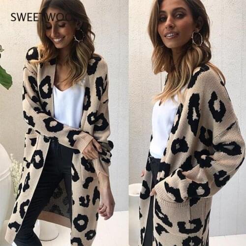 Autumn and Winter All-Match Casual Leopard Print Long Knitted Jacket Cardigan Womens Sweater