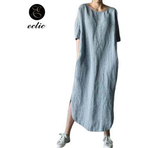 Casual Wear Flax Plus Size Dress 5xl Solid Color Long Plain Dress Open Side Sukienka Scoop Neck Irregular Hem Dress Linen Women