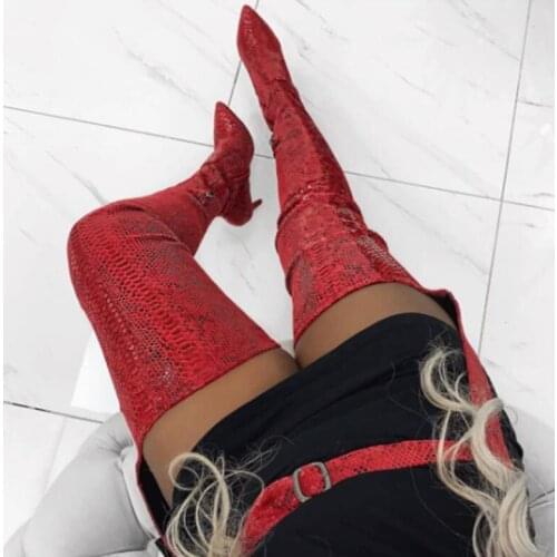 Sestito New Fashion Women Sexy Red Snakeskin Print High Heels Thigh High Boots Ladies Pointed Toe Waist Boots Girls Zip Shoes