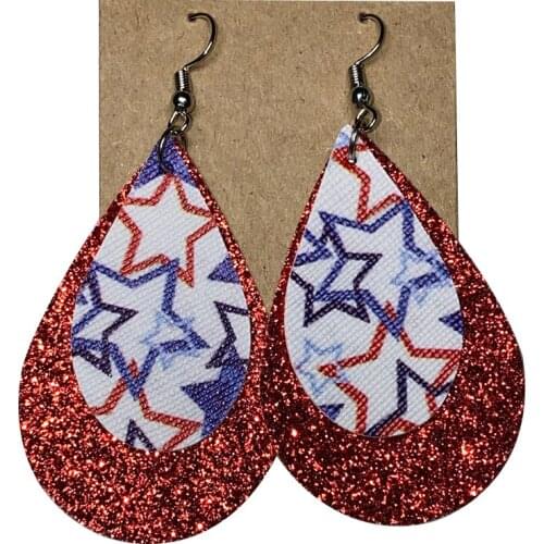 Teardrop 4th of July Red White Blue Stars Print Flag Leather Earrings Glitter Double Layer Patriotic Independence Day Earrings