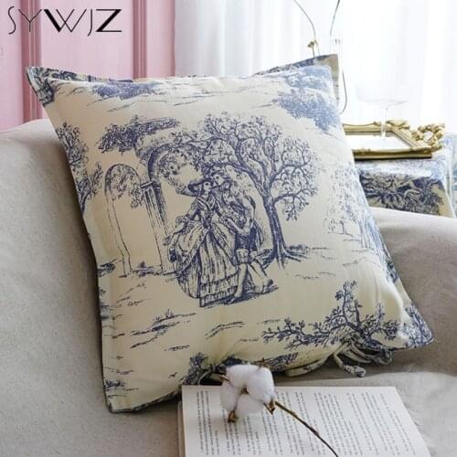 French Style Vintage Blue Ink Painting Cushion Cover with String Nature Life Decorative Pillow Case Home Sofa Car Throw Pillows