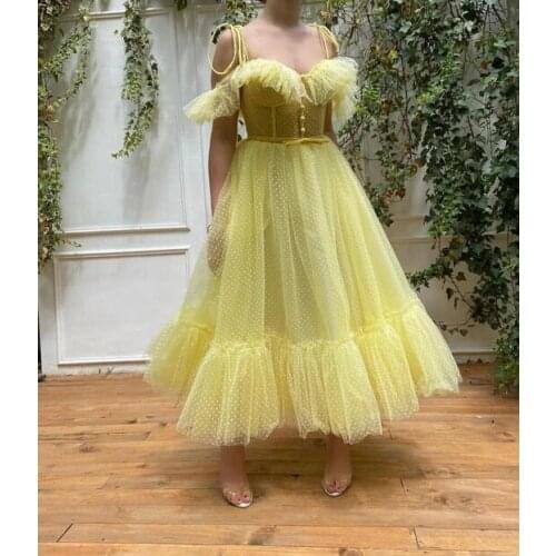 Yellow Tea Length Sweetheart Prom Dresses 2021 Spaghetti Straps Formal Evening Party Dress vestidos de gala