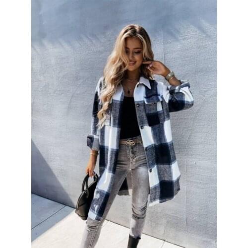 2021 Women Plaid Blouse Long Sleeve Checked Oversized Pink Shirt Turn Down Collar Thick Ladies Vintage Chic Top Blusa
