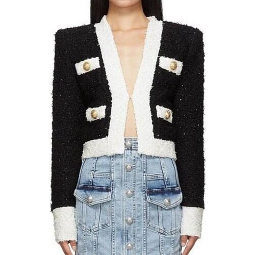 2021 HIGH QUALITY Newest Designer Jacket Womens Black White Contast Color Shimmer Tweed Short Jacket