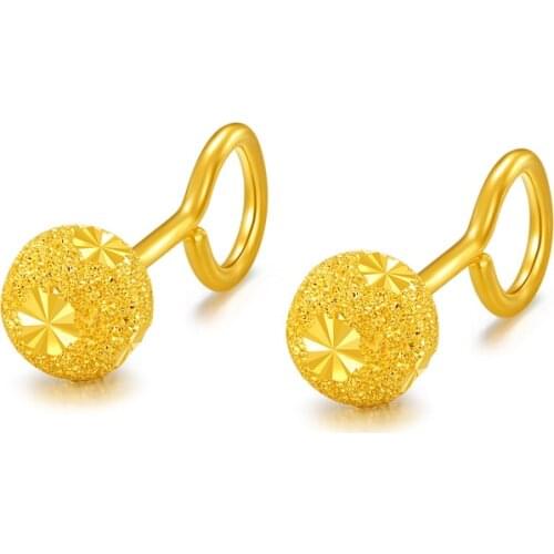 Pure 999 24K Yellow Gold Earrings Women Sandstone Ball Stud Earrings P6273