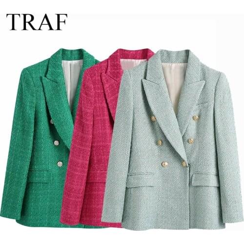 TRAF ZA Womens Jacket Plaid Texture Solid Double Breasted Blazer Elegant Coat Office Wear Long Sleeve Pockets Female Outerwear