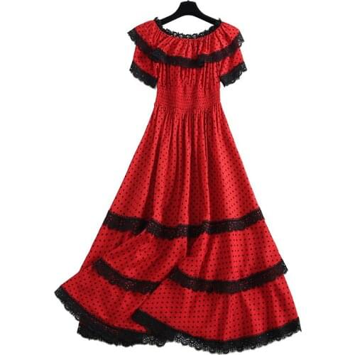 Dots Runway Print Fashion Women 2021 High Quality Slash New Red Spring Summer Lace Patchwork Ruffles Dress