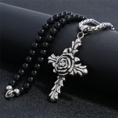 Flower Pattern Cross Stainless Steel Necklaces Rose Cross Pendant Necklace With Black Natural Agate Beads Necklace Chain 28inch