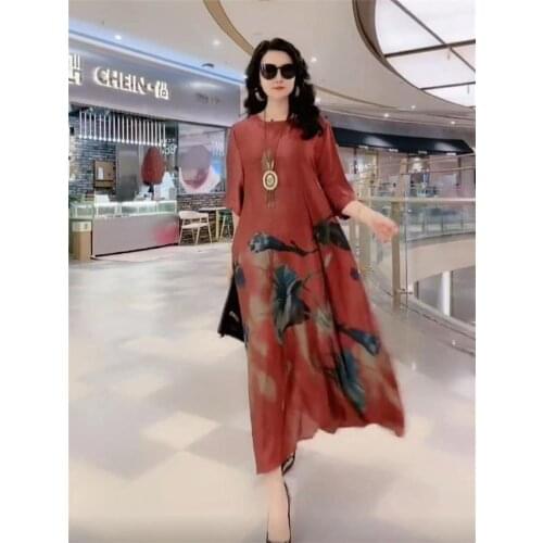 Special Sale Elegant Printed Silk Dress Women Spring/summer 2021 New 35-55 Year Old Plus Size Loose Casual Dress Women