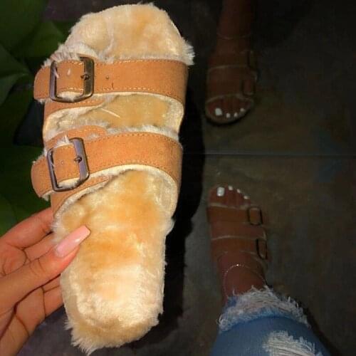 Winter New Home Warm Furry Slides Women Winter Fur Slipper Home Shoes woman Fashion Leather Flip Flop indoor shoes woman flats