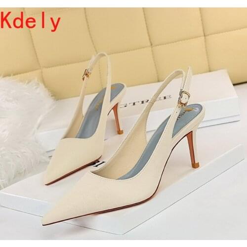 2021 Summer Women Green Beige Heels Slingback Sandals Office Ladies 7.5cm High Heels Party Sandals Plus Size Dress Bridal Shoes