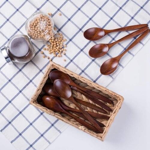 Wooden Spoons 10 PCS Wood Soup Spoon Set Long Handle Natural Wood Table Spoons for Eating Mixing Stirring Cooking - 7.3 Inches
