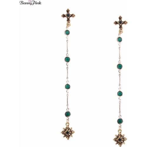 Ethnic Alloy Cross Pendant Studs Earrings Vintage Long Tassel Post Earrings Fashion Jewelry Pendiente Chunky Statement Earrings