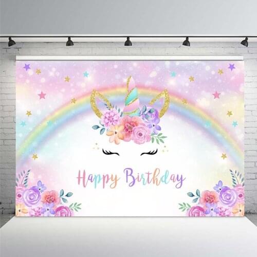 Mehofoto Unicorn Happy Birthday Backdrop Gold Glitter Rainbow Unicorn Floral Background Cake Table Banner Photo Booth Backdrops