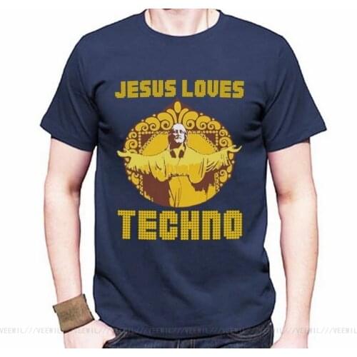 T-Shirt Jesus Loves Techno Maglietta Blu Dj Disegno Gesù In Versione Deejay Cotton Unisex Loose Fit Tee Shirt