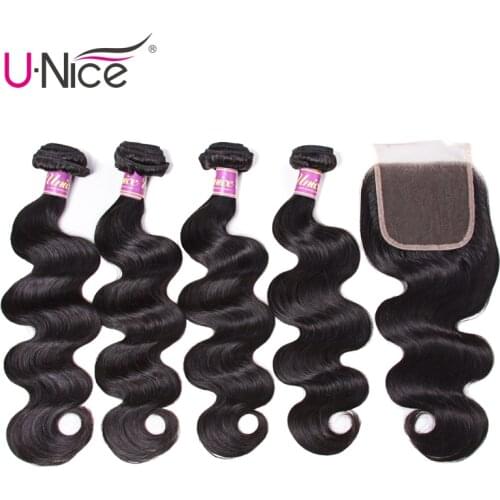 Unice Hair Brazilian Body Wave 4 Bundles with Closure 100% Human Hair Bundles with Closure Remy Hair Lace Closure with Bundles