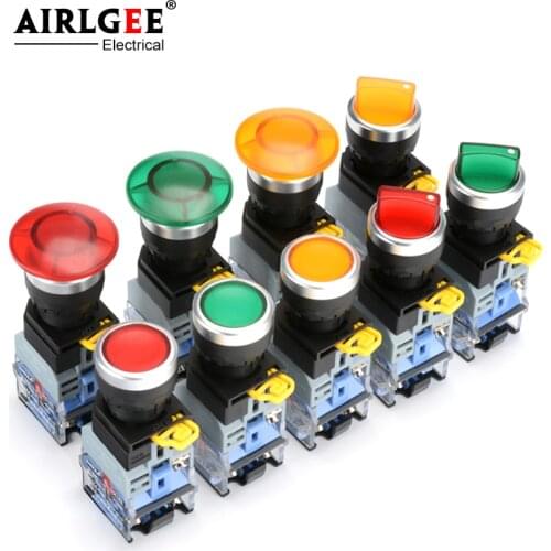 22mm LA38 illuminated Pushbutton Switch Self-Locking Reset Flat Head Jog Switch 24 220V Red Green Start Mushroom Knob With light