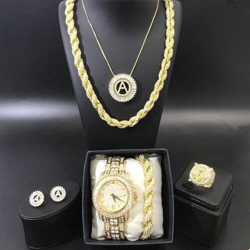 Fashionable Luxury Men Watch & Necklace & Braclete & Ring & Earrings Combo Set Ice Out Cuban In Crystal Jewerly Hip Hop For Men
