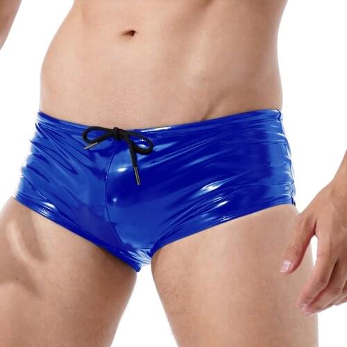 Male Mens Wet Look Patent Leather Swimming Trunks Low Rise Drawstring Boxer Shorts Swimwear Party Clubwear Underpants Shorts