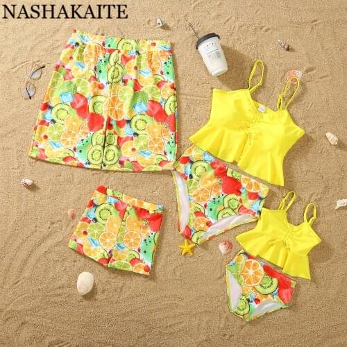 NASHAKAITE Family Matching Clothes Cute Orange Printed 2021 BIkini Set Mommy and me swimsuit Family Swimwear Mother Daughter