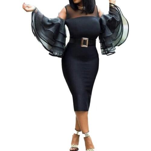 New Solid Round Neck Puff Sleeve Mesh Perspective Dress For Women Sexy Bag Hip Women Dress robe femme