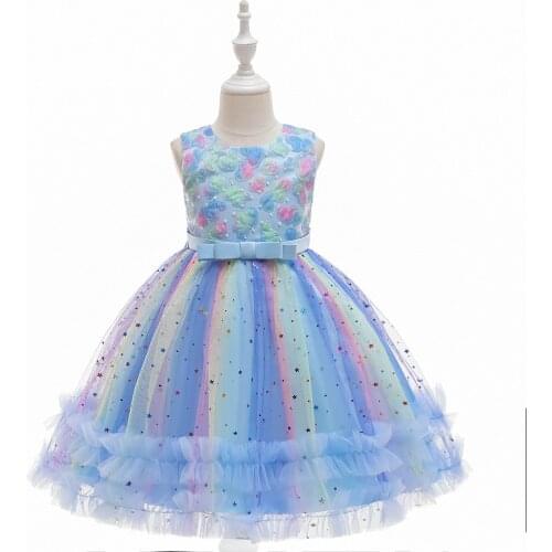 Girls Pageant Gowns Sleeveless Cheap Flower Girls Dresses with Sequins Children Tulle Tutu Blue Kids Birthday Dress