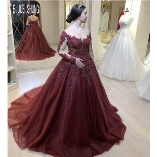 E JUE SHUNG Burgundy Luxury Wedding Dresses Long Sleeves Sheer Scoop Neck Backless Lace Appliques Beaded A Line Wedding Gowns