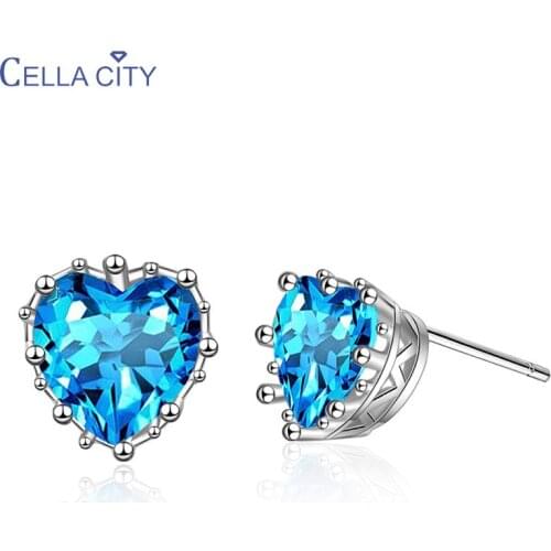 Cellacity Silver 925 Jewelry Blue Gemstones Earrings for Women Trendy Aquamarine Heart Ear Studs Simple Compact Female Gifts