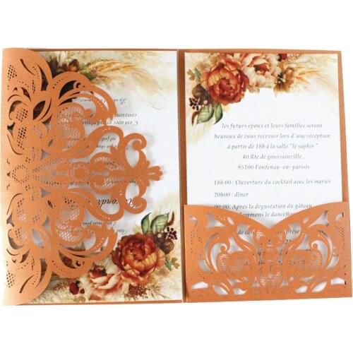 Black wedding invitations laser cut customized pocket tri folding rural party invitation card 50pcs/lot multi colors