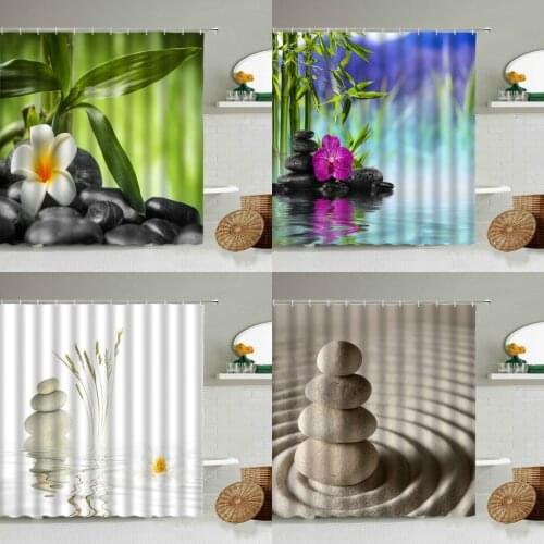 Zen Spa Shower Curtain Green Bamboo Flowing Water Stone Flowers Spring Scenery Home Decor Bathroom Accessories With Hook Screen