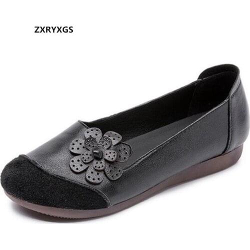 2021 New Classic Flower Frosted Cowhide Smooth Cowhide Stitching Leather Shoes Woman Flats Non-slip Soft Sole Comfortable Shoes